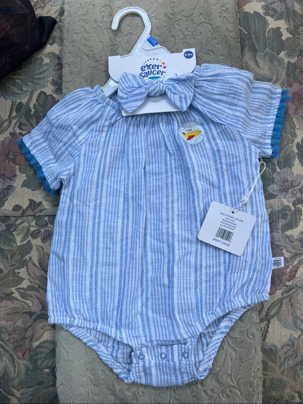 Exersaucer blue striped baby girl romper, matching bow headband 3-6 months